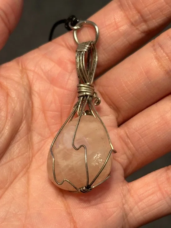 Handmade Pink Rose Quartz Wire-Wrap Necklace on Black Adjustable Cord - Picture 6 of 6